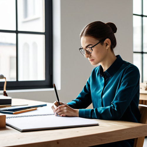 A professional furniture designer, fully clothed in modest, smart casual attire, sits thoughtfully at a large, modern design desk in a well-lit studio. They are focused on sketching intricate furniture concepts in a notebook, surrounded by design tools and material samples. In the background, a beautifully crafted, minimalist wooden chair reflects the designer's vision. The studio features large windows with natural light and a clean, inspiring atmosphere. Safe for work, appropriate content, perfect anatomy, correct proportions, natural pose, well-formed hands, proper finger count, natural body proportions, professional photography, high quality.