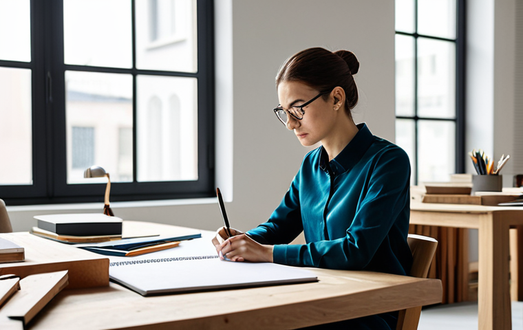 A professional furniture designer, fully clothed in modest, smart casual attire, sits thoughtfully at a large, modern design desk in a well-lit studio. They are focused on sketching intricate furniture concepts in a notebook, surrounded by design tools and material samples. In the background, a beautifully crafted, minimalist wooden chair reflects the designer's vision. The studio features large windows with natural light and a clean, inspiring atmosphere. Safe for work, appropriate content, perfect anatomy, correct proportions, natural pose, well-formed hands, proper finger count, natural body proportions, professional photography, high quality.