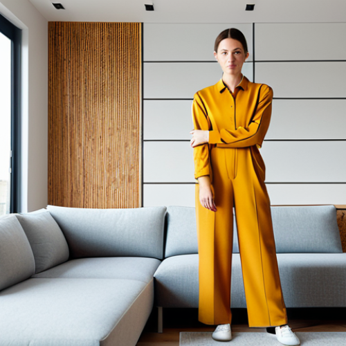 A professional interior designer in a modest, contemporary jumpsuit, standing in a bright, minimalist living room. The room features a modular sofa made from recycled fabric and a sleek smart coffee table with subtle integrated lighting. Sunlight streams through large windows, highlighting eco-friendly materials like bamboo flooring and a cork accent wall. The overall atmosphere is calm and innovative. fully clothed, modest clothing, appropriate attire, professional dress, safe for work, appropriate content, professional, perfect anatomy, correct proportions, natural pose, well-formed hands, proper finger count, natural body proportions, high-quality, ultra-detailed, studio lighting.