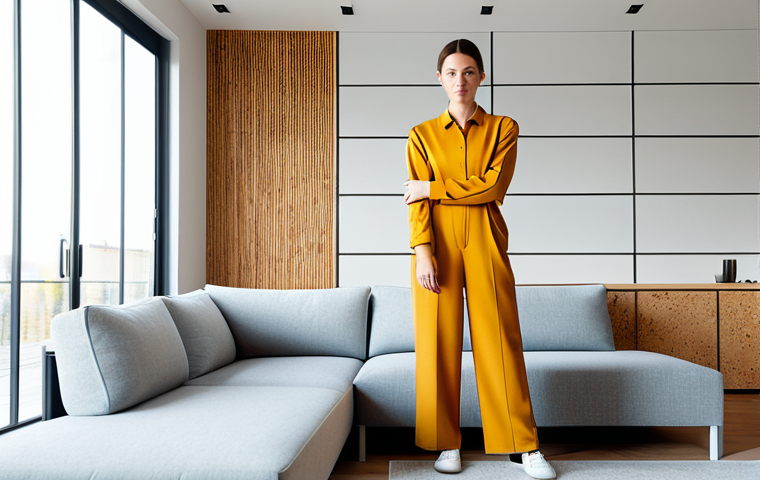 A professional interior designer in a modest, contemporary jumpsuit, standing in a bright, minimalist living room. The room features a modular sofa made from recycled fabric and a sleek smart coffee table with subtle integrated lighting. Sunlight streams through large windows, highlighting eco-friendly materials like bamboo flooring and a cork accent wall. The overall atmosphere is calm and innovative. fully clothed, modest clothing, appropriate attire, professional dress, safe for work, appropriate content, professional, perfect anatomy, correct proportions, natural pose, well-formed hands, proper finger count, natural body proportions, high-quality, ultra-detailed, studio lighting.