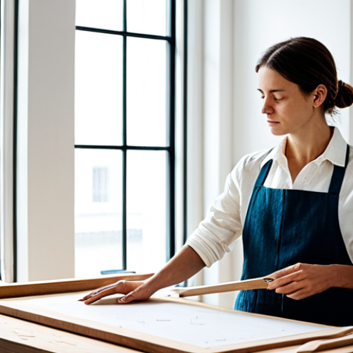 A professional female furniture designer, fully clothed in a modest linen shirt and practical work apron, stands in a brightly lit, minimalist design studio. Natural light streams through large windows, illuminating a workspace adorned with ethically sourced wooden materials and elegant design sketches. She is gently touching a piece of unfinished, natural wood, her expression thoughtful and focused, embodying a deep passion for sustainable craftsmanship. On a nearby workbench, a small, beautifully crafted furniture prototype reflects her design philosophy. Professional photography, natural lighting, high quality, perfect anatomy, correct proportions, well-formed hands, proper finger count, natural body proportions, safe for work, appropriate content, family-friendly.
