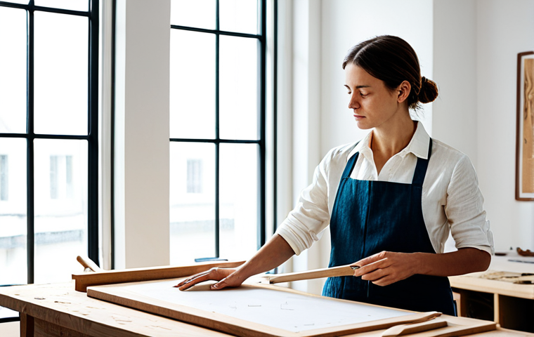 A professional female furniture designer, fully clothed in a modest linen shirt and practical work apron, stands in a brightly lit, minimalist design studio. Natural light streams through large windows, illuminating a workspace adorned with ethically sourced wooden materials and elegant design sketches. She is gently touching a piece of unfinished, natural wood, her expression thoughtful and focused, embodying a deep passion for sustainable craftsmanship. On a nearby workbench, a small, beautifully crafted furniture prototype reflects her design philosophy. Professional photography, natural lighting, high quality, perfect anatomy, correct proportions, well-formed hands, proper finger count, natural body proportions, safe for work, appropriate content, family-friendly.