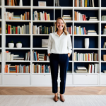 **

"A fully clothed woman, professional interior designer, smiling warmly in a modern, minimalist living room with custom-built shelving showcasing books and decor, appropriate attire, safe for work, perfect anatomy, natural proportions, family-friendly, high quality photography, bright and airy, demonstrating space efficiency."

**