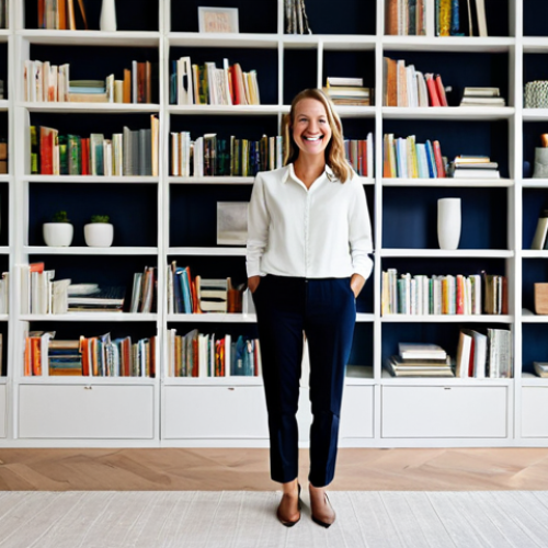 **

"A fully clothed woman, professional interior designer, smiling warmly in a modern, minimalist living room with custom-built shelving showcasing books and decor, appropriate attire, safe for work, perfect anatomy, natural proportions, family-friendly, high quality photography, bright and airy, demonstrating space efficiency."

**