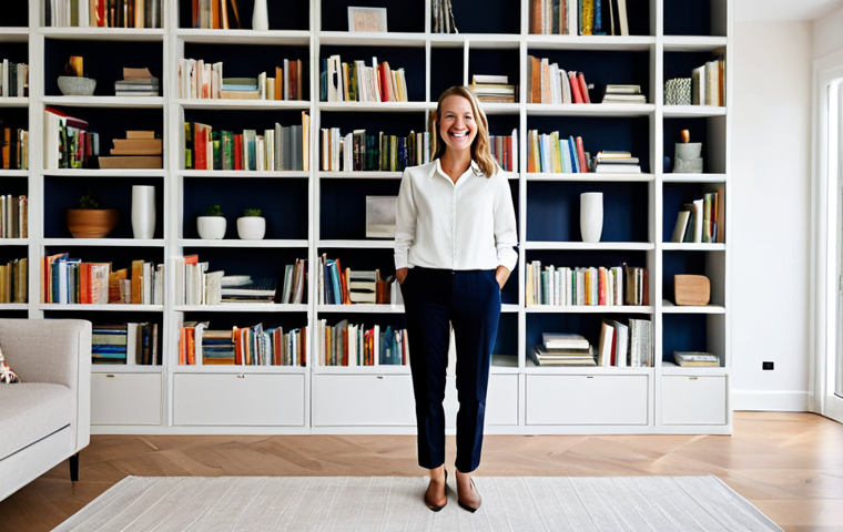 **

"A fully clothed woman, professional interior designer, smiling warmly in a modern, minimalist living room with custom-built shelving showcasing books and decor, appropriate attire, safe for work, perfect anatomy, natural proportions, family-friendly, high quality photography, bright and airy, demonstrating space efficiency."

**