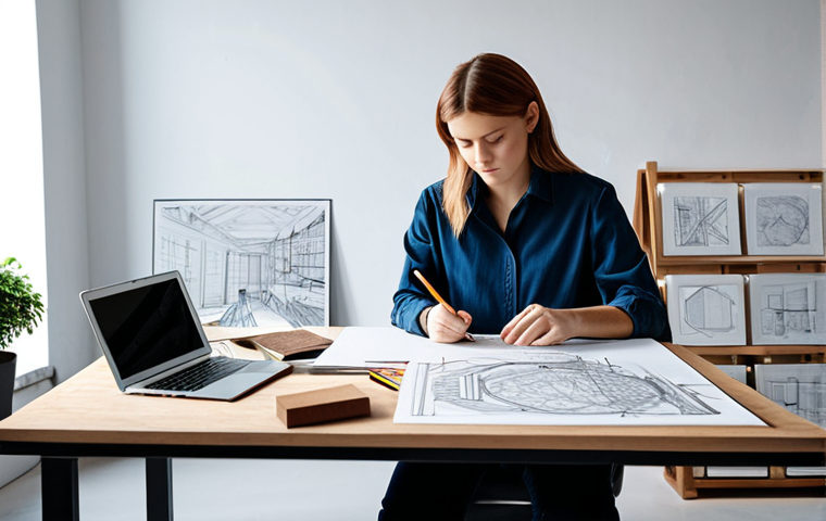 가구디자인 학습 중점 과목 - **Prompt:** A professional furniture designer in a modern studio, sketching designs, surrounded by m...