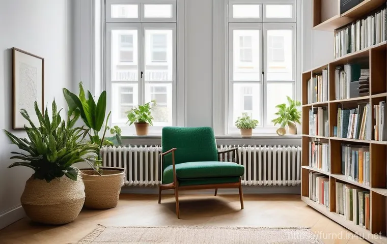 가구디자인과 책장 설계 - **Prompt:** A cozy, modern office space bathed in soft natural light, featuring a unique bookshelf m...