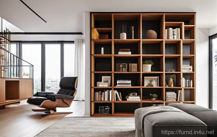 가구디자인과 책장 설계 - **Prompt:** A cozy, modern office space bathed in soft natural light, featuring a unique bookshelf m...