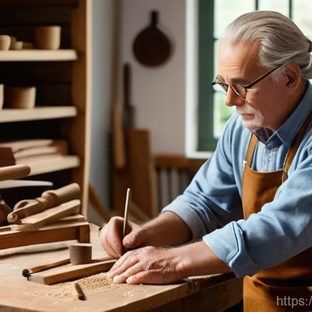 가구디자인 도제식 학습 사례 - **A master wood craftsman diligently guiding a young apprentice's hands as they carve intricate deta...
