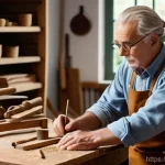 Home 12 가구디자인 도제식 학습 사례 - **A master wood craftsman diligently guiding a young apprentice's hands as they carve intricate deta...