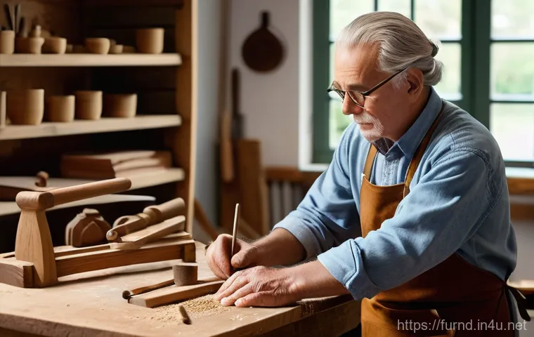 가구디자인 도제식 학습 사례 - **A master wood craftsman diligently guiding a young apprentice's hands as they carve intricate deta...