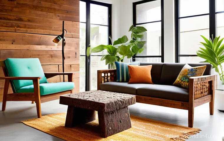 가구디자인 직업의 미래 - A brightly lit, contemporary living room featuring unique, artisan-crafted furniture pieces. The fur...