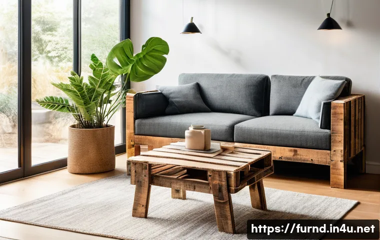 가구디자인 직무 발전 가능성 - A bright, minimalist living space showcasing sustainable furniture. In the center, a coffee table ma...