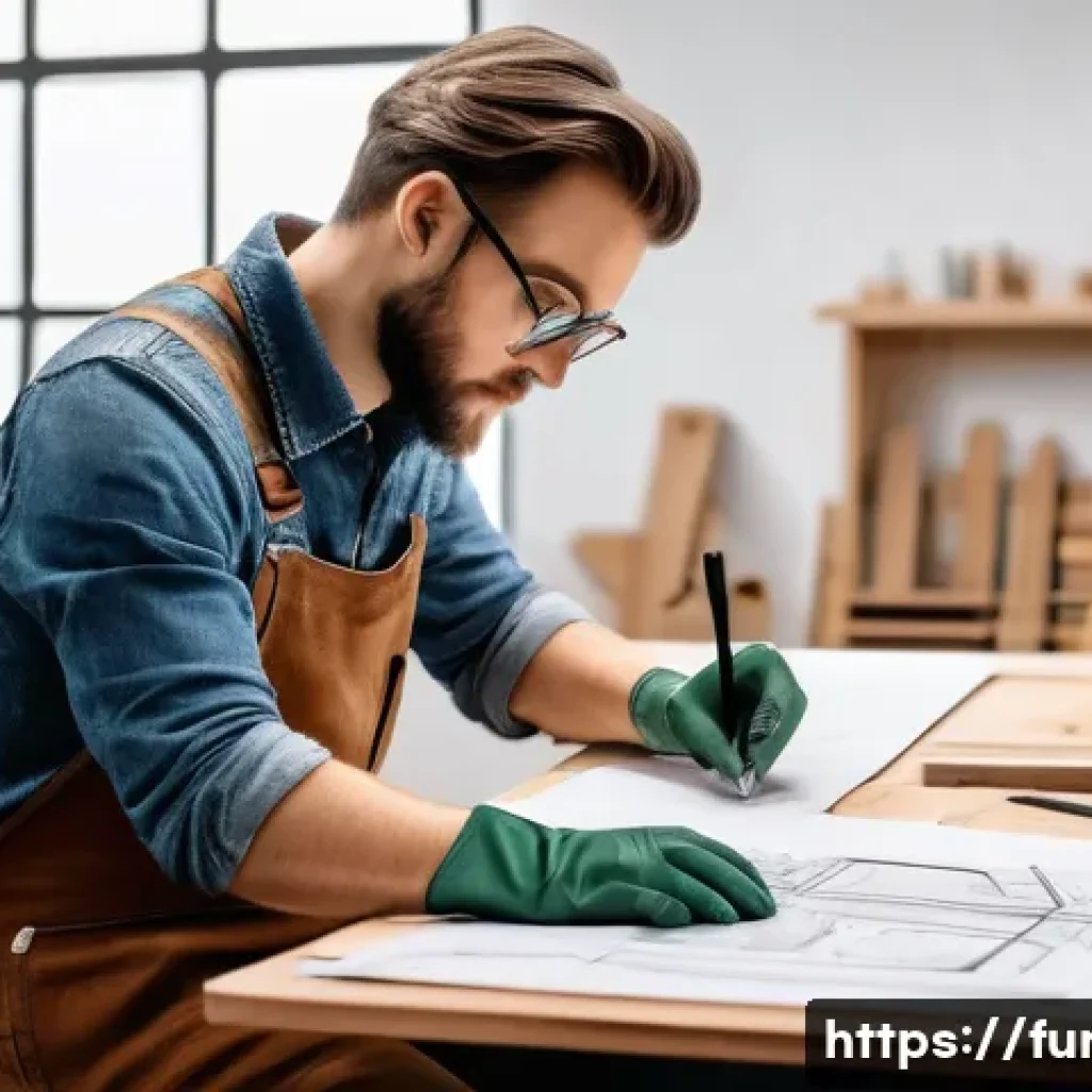 가구디자인 독학 가능한가 - A modern woodworking workshop scene showing a beginner furniture designer sketching detailed chair d...