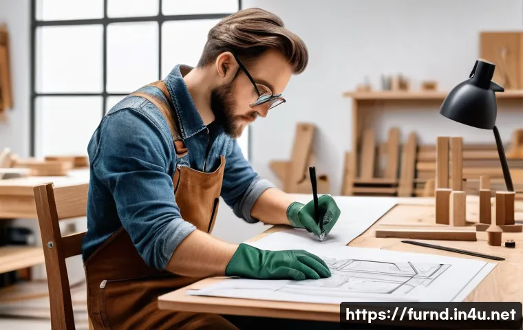 가구디자인 독학 가능한가 - A modern woodworking workshop scene showing a beginner furniture designer sketching detailed chair d...