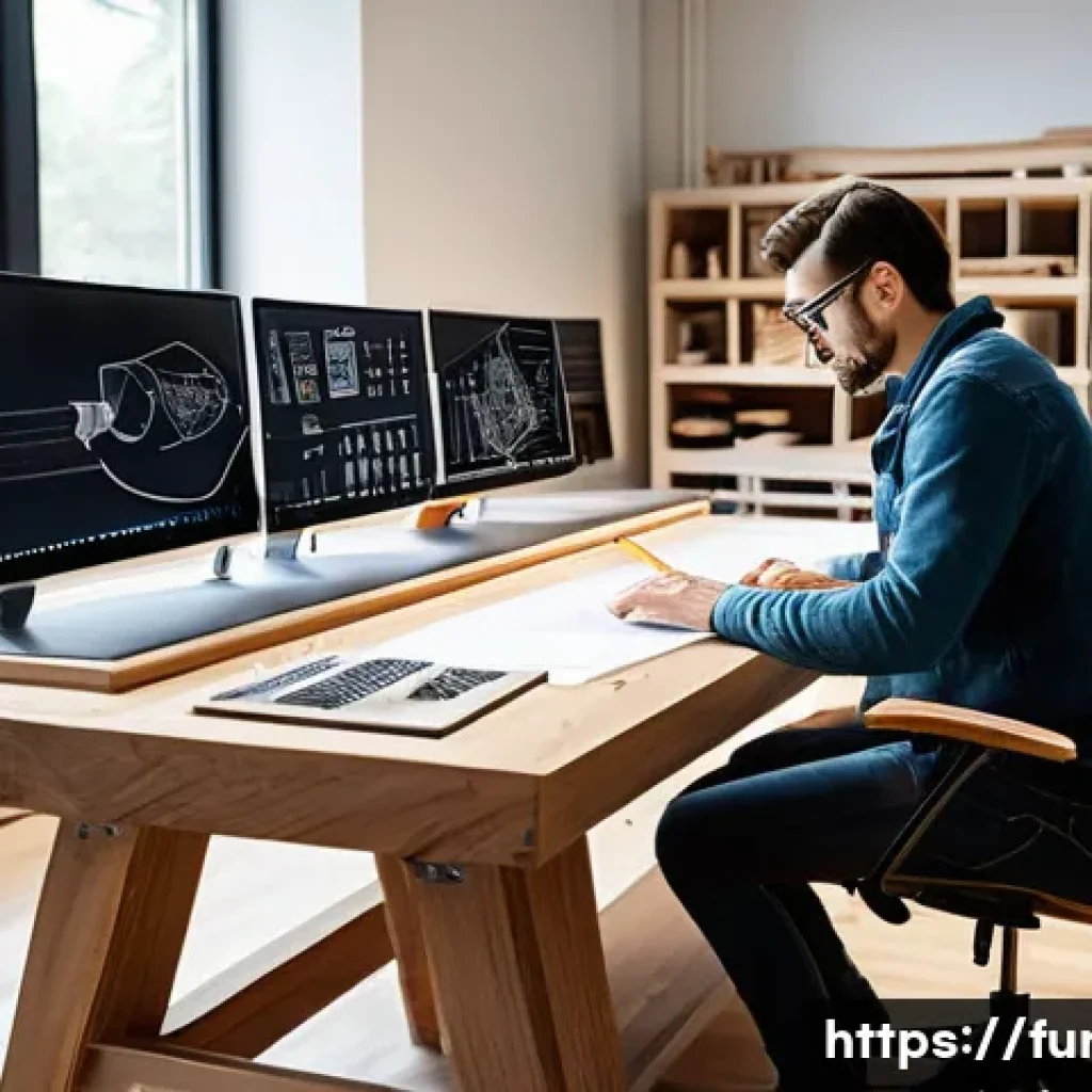 가구디자인 직업의 장단점 - A modern furniture designer&rsquo;s studio featuring a large wooden workbench cluttered with detailed sket...