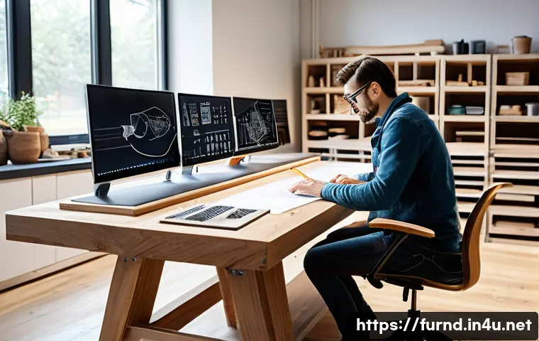 가구디자인 직업의 장단점 - A modern furniture designer&rsquo;s studio featuring a large wooden workbench cluttered with detailed sket...