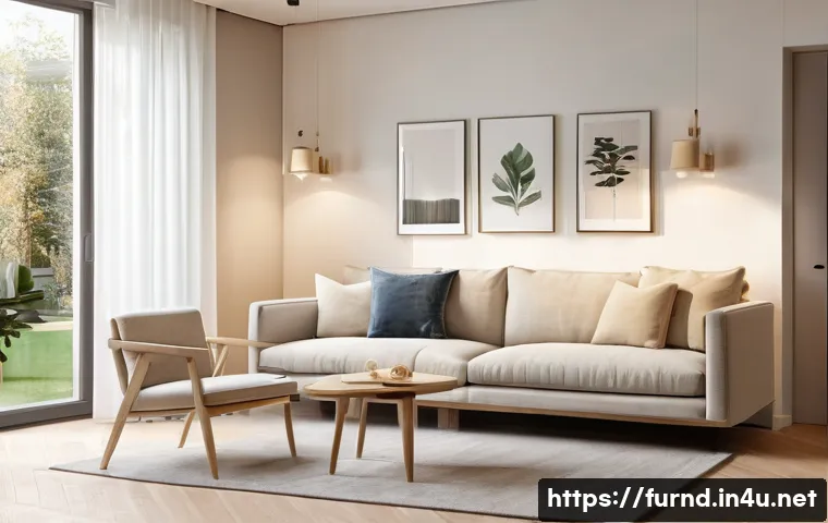 가구디자인에서 공간 활용 팁 - A modern living room interior showcasing practical furniture arrangement with clear walking paths, f...