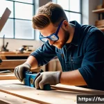 가구디자인 아르바이트 경험담 - A young furniture designer wearing casual workwear and safety goggles, assembling a wooden chair in ...