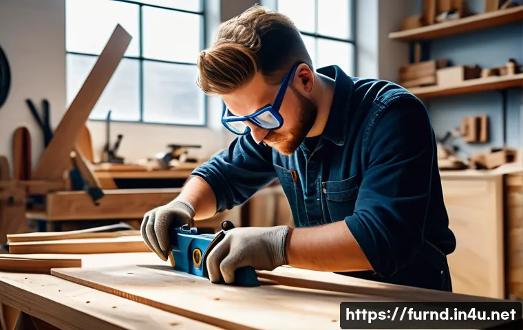가구디자인 아르바이트 경험담 - A young furniture designer wearing casual workwear and safety goggles, assembling a wooden chair in ...