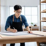 가구디자인 시험 채점 기준 분석 - A highly detailed scene of a modern furniture design exam setting, featuring a young designer sketch...