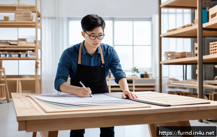 가구디자인 시험 채점 기준 분석 - A highly detailed scene of a modern furniture design exam setting, featuring a young designer sketch...