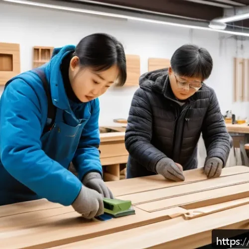 가구디자인 워크숍 참여 후기 - A detailed scene inside a modern furniture design workshop, showing diverse participants actively en...