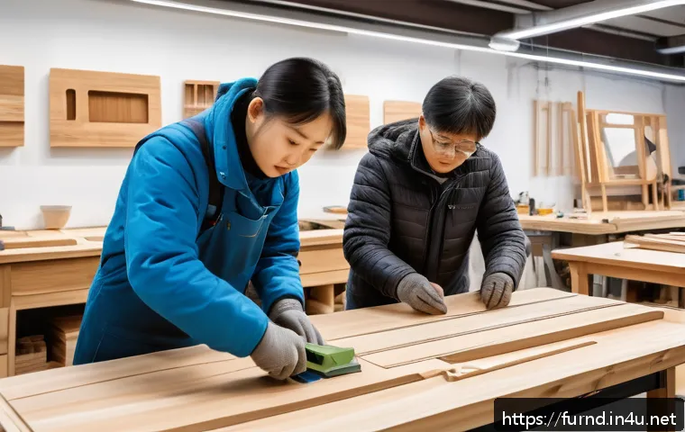 가구디자인 워크숍 참여 후기 - A detailed scene inside a modern furniture design workshop, showing diverse participants actively en...