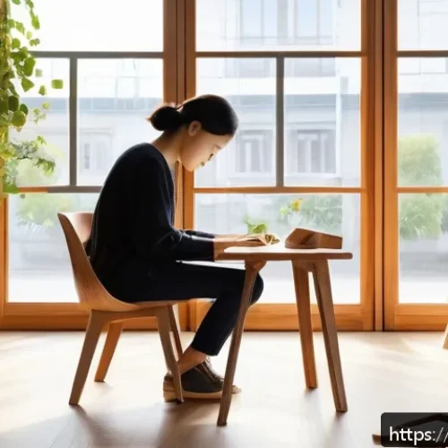 가구디자인 직무 인터뷰 준비법 - A modern sustainable furniture design studio scene featuring a designer thoughtfully working on a wo...