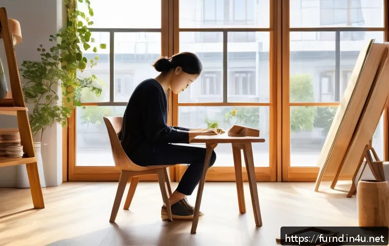 가구디자인 직무 인터뷰 준비법 - A modern sustainable furniture design studio scene featuring a designer thoughtfully working on a wo...