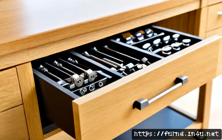 가구디자인에서 사용되는 가구 하드웨어 - Photorealistic close-up of essential furniture hardware neatly arranged on a warm oak workbench: con...