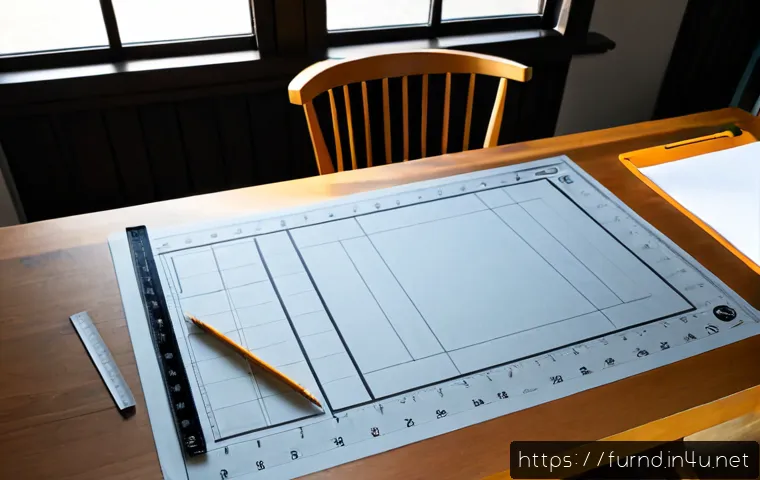 가구디자인 도면 작성법 - Photorealistic overhead view of a furniture designer’s clean wooden worktable, blank technical drawi...